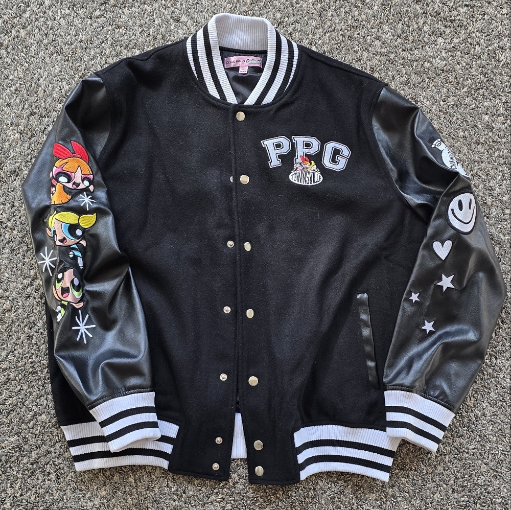 Cakeworthy x Powerpuff Girls Black & White Cartoon Varsity Jacket